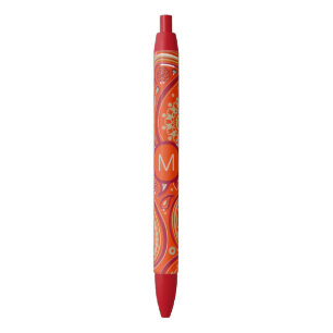 Caneta Preta Padrão de Paisley Monograma Laranja Ornamentado