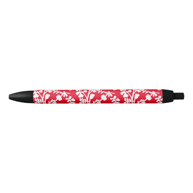 Caneta Preta Padrão De Repetição Floral Vermelho E Branco (Frente)