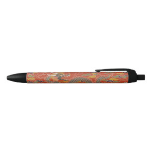 Caneta Preta Padrão de Seda Dragão Vermelho Imperial e Preto