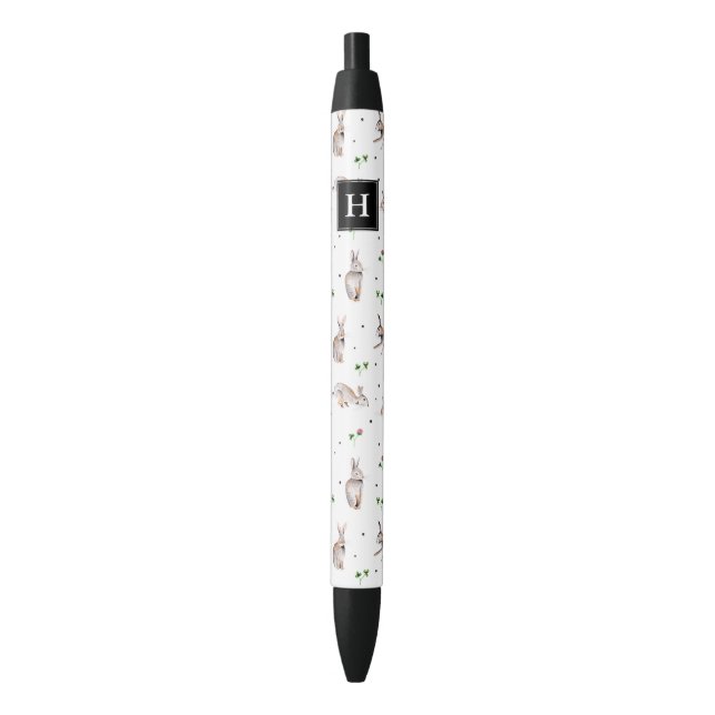 Caneta Preta Padrão de trevo branco fofo com coelhinhos coelhos (Frente Vertical)