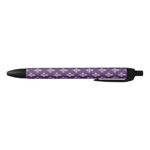 Caneta Preta Padrão Flor de Lis, Creme Real Francês no Roxo