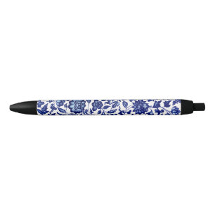 Caneta Preta Padrão floral azul-marinho chinês em branco
