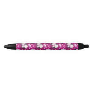 Caneta Preta Padrão Floral Branco Elegante Design Botânico