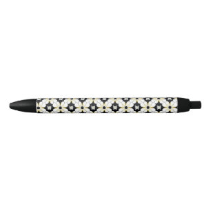 Caneta Preta Padrão Floral com Flor Branca e Amarela