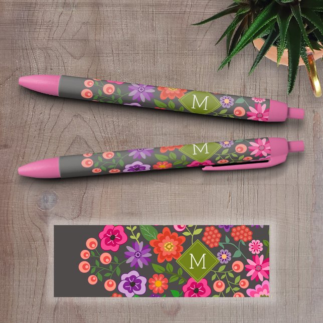 Caneta Preta Padrão Floral da Cinza Trendy com Monograma Person (Personalized Writing Pens - add your name, monogram or other text)