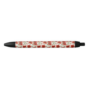 Caneta Preta Padrão Floral de Papoula Vermelha Vintage Arte Bot