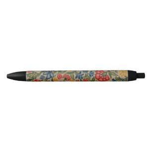 Caneta Preta Padrão Floral em Crewel Vintage Vermelho e Dourado