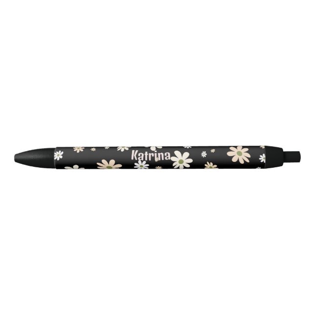 Caneta Preta Padrão Floral Retro Daisy Personalizado (Frente)