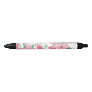 Caneta Preta Padrão Floral Rosa Suave com Folhas Verde-Menta
