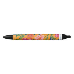 Caneta Preta Padrão Floral Tropical Moderno