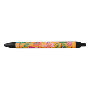 Caneta Preta Padrão Floral Tropical Moderno