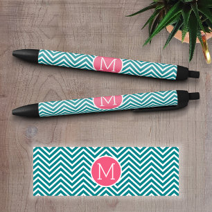 Caneta Preta Padrão Girly Chevron com Monograma - Teal Rosa