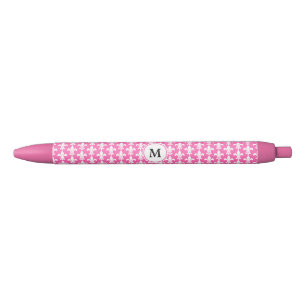 Caneta Preta Padrão Monograma de Fleur de Lis, Branco e Rosa Qu