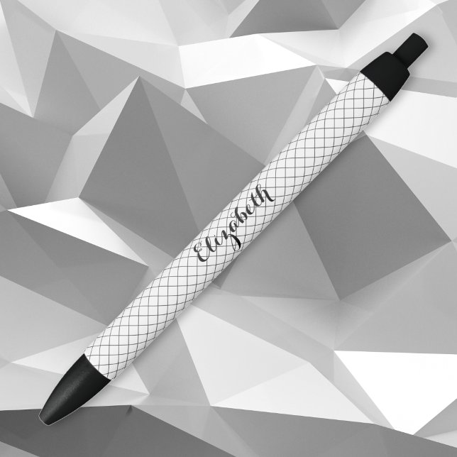 Caneta Preta Padrão preto branco moderno de Na moda, monograma (Black White Modern Stylish Pattern Monogrammed Black Ink Pen)