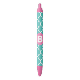 Caneta Preta Padrão Quatrefoil Verde-Azul com Monograma Rosa Pe