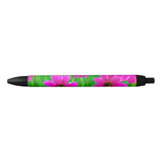 Caneta Preta Padrão verde brilhante e flor rosa