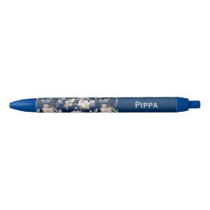 Caneta Preta Pássaro em Flor de Flores Azul Marinho Nome Person