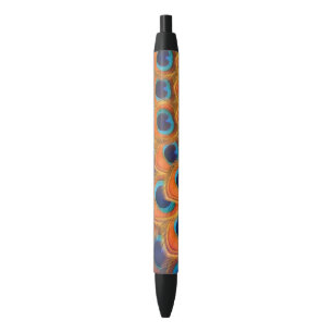 Caneta Preta Penas de Pavão Azul-Laranja Glam Boho