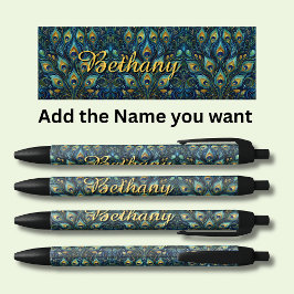 Caneta Preta Penas de Peacock de Nome Personalizado