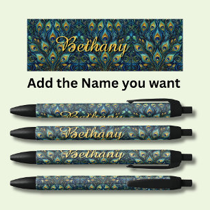 Caneta Preta Penas de Peacock de Nome Personalizado