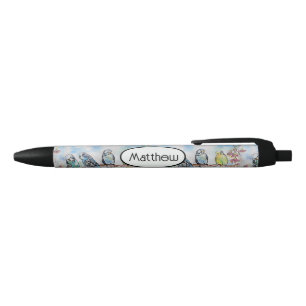 Caneta Preta Periquito Azul Periquitos Pássaros Aquarela Nome M