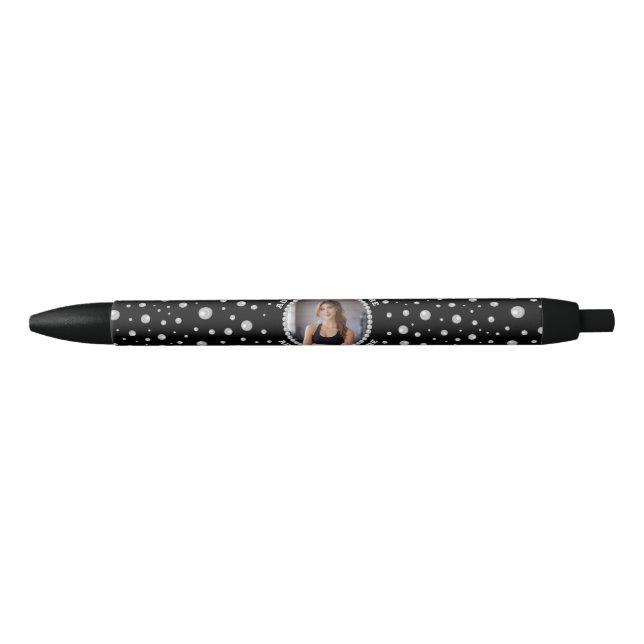 Caneta Preta Personalized Photo with Pearls Circle on Black (Frente)
