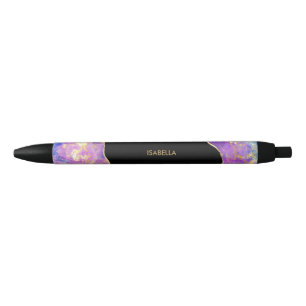 Caneta Preta Pingente de Opala Dourada Roxa Personalizado
