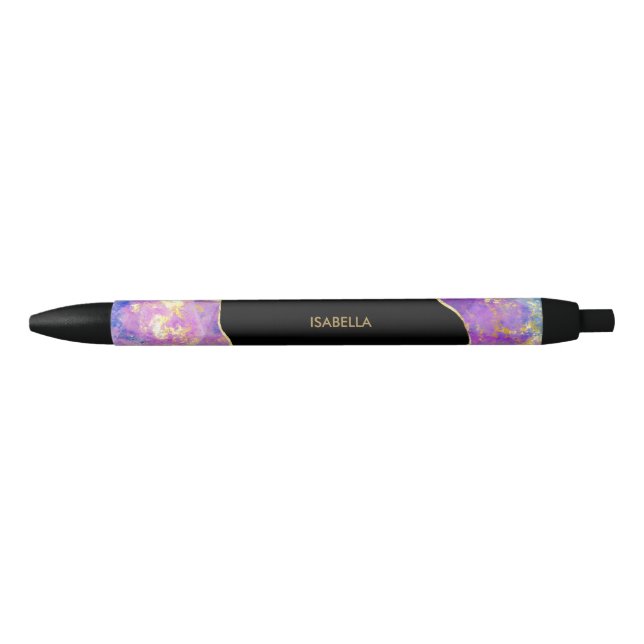 Caneta Preta Pingente de Opala Dourada Roxa Personalizado (Frente)