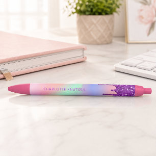 Caneta Preta Pingo róseo roxo monograma nome personalizado