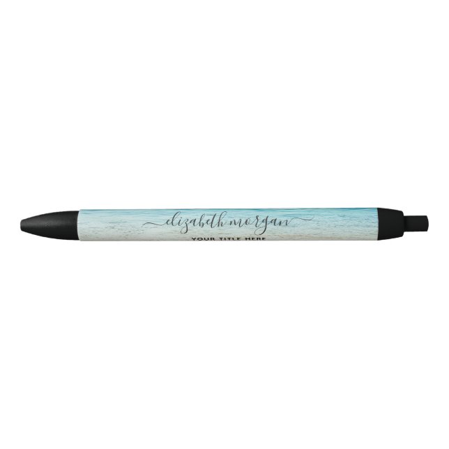 Caneta Preta Praia Verão Personalizado Azul Script Elegante (Frente)