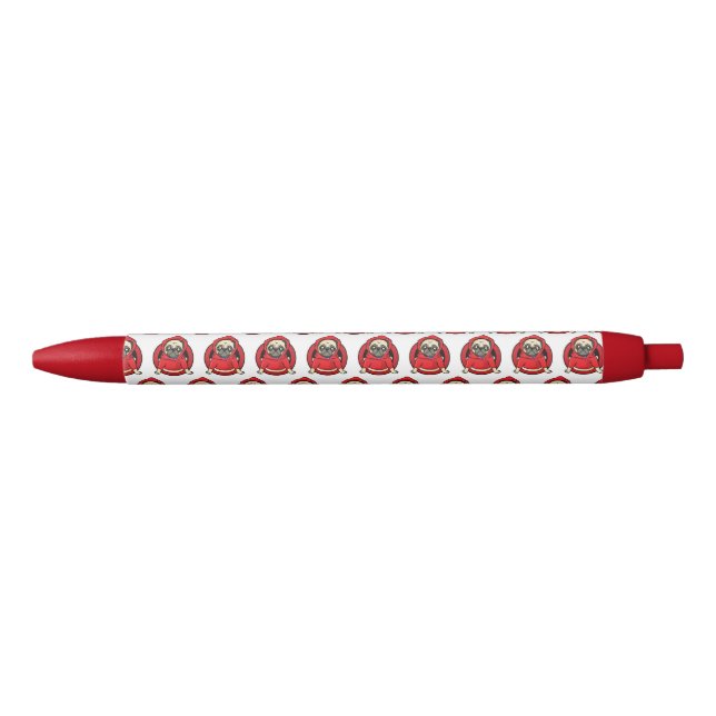 Caneta Preta Pug em Capuz Vermelho (Frente)