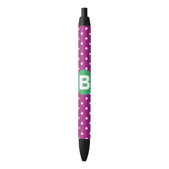 Caneta Preta Purple Polka Dot Pattern Green Monogram (Frente Vertical)