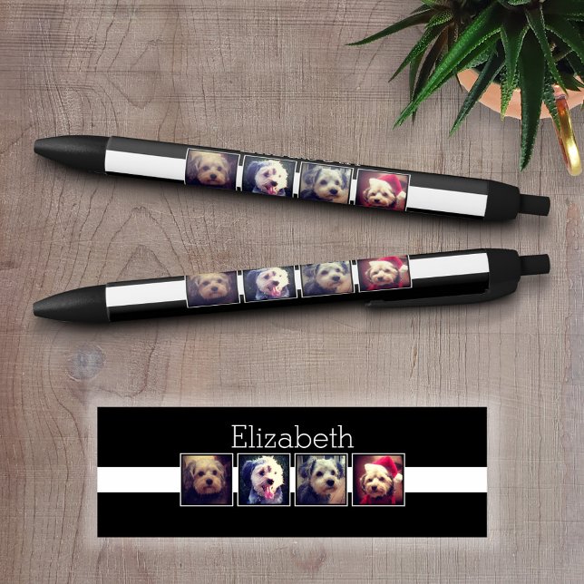 Caneta Preta Quadrados de Colagem de Fotos Pretos e Brancos Per (Personalized Writing Pens - add your name, monogram or other text)