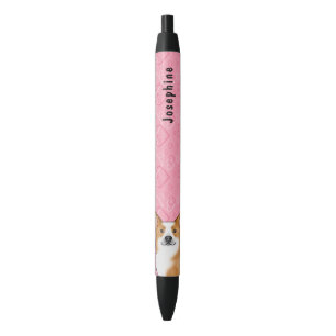 Caneta Preta Red Pembroke Welsh Corgi Em Corações Rosa Com Nome
