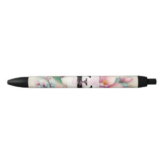 Caneta Preta Renda monograma floral rosa roxo flor de magnólia
