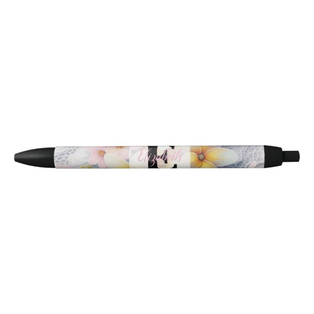 Caneta Preta Renda monograma rosa e flores amarelas da Primaver (Frente)