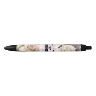 Caneta Preta Rendas com monograma florais rosas roxas lírios la