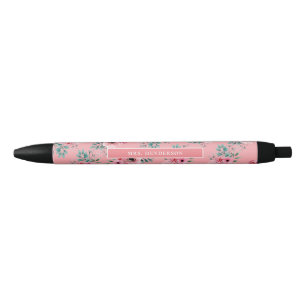 Caneta Preta Rosa Chic Watercolor Floral Personalizado