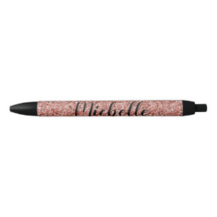 Caneta Preta Rosa Dourado Glitter Sparkle Modern Personalizado