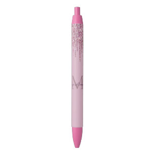 Caneta Preta Rosa Glitter Drives Monograma Personalizado E Nome