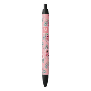 Caneta Preta Rosa Monograma Floral de Cor Quadrada