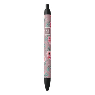 Caneta Preta Rosa Terrestre Quic Watercolor Monograma Floral