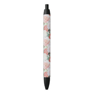 Caneta Preta Rosas brancas rosa-vermelhas Floral