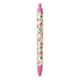 Caneta Preta Rosas Cor-de-Rosa Bonitas