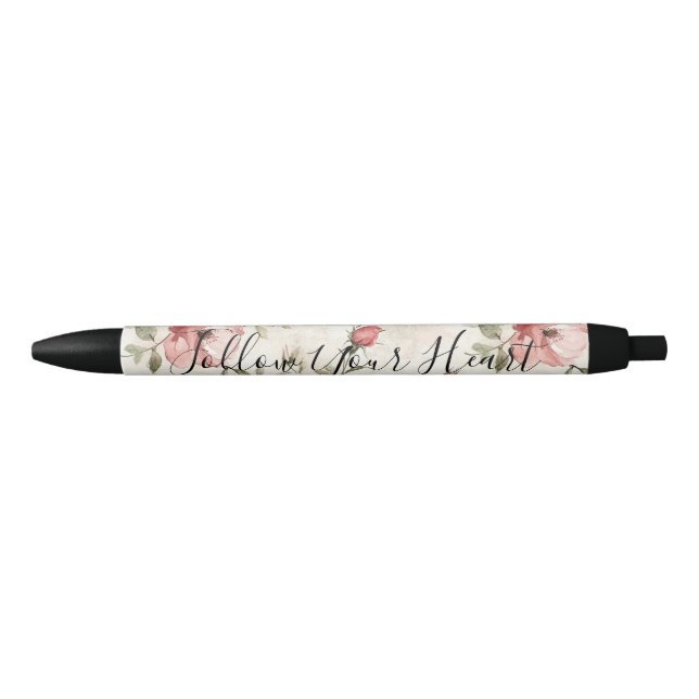 Caneta Preta Rosas Cor-de-Rosa Floral (Frente)
