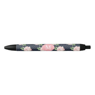 Caneta Preta Rosas de vinheta cor-de-rosa e azuis, com monogram