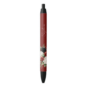 Caneta Preta Rosas Florais Pretas Vermelhas Brancas