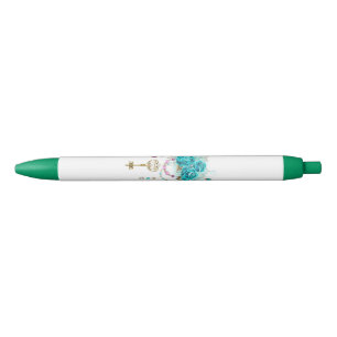 Caneta Preta Rosas Turquesas com Chaves