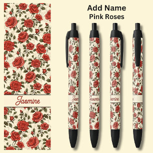 Caneta Preta Rosas vermelhas de Nome na Creme
