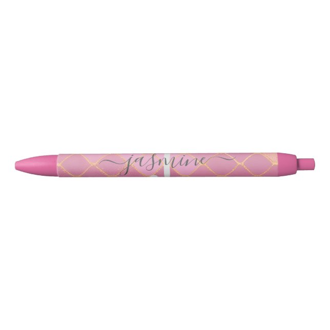 Caneta Preta Rótulo Monograma com Brilho Dourado e Rosa (Frente)